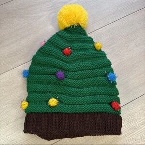 Source Unknown Green Knit Hat with Colorful Pom Poms
